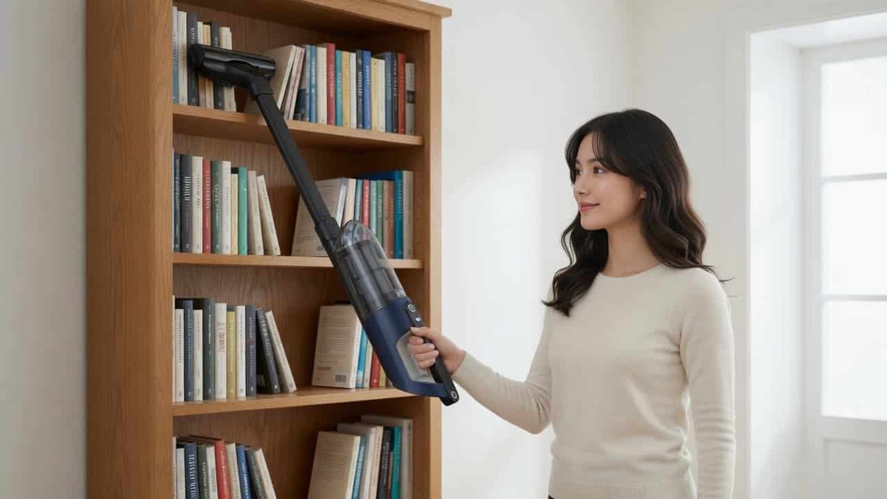 خانم با سری نرم جاروشارژی خود در حال جارو زدن کتابخانه چوبی است