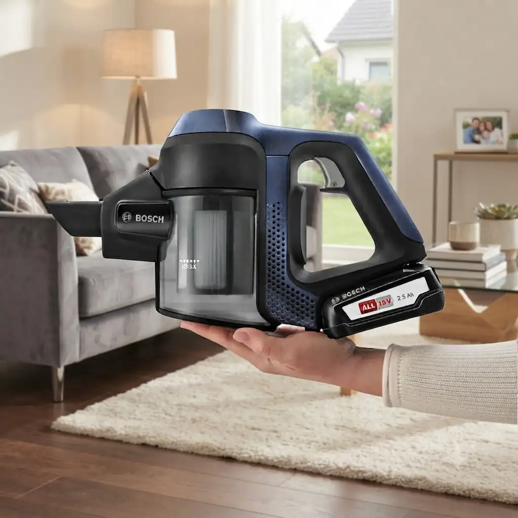 قسمت دستی جارو شارژی بوش مدل BCS611P4A در دستان فرد نمایش داده شده