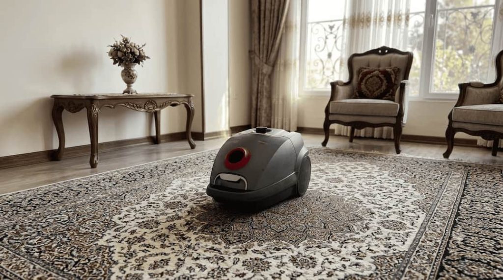 یک جاروبرقی پارس خزر طرح بوش سری 8 روی فرش یک خانه ایرانی با مبل های کلاسیک