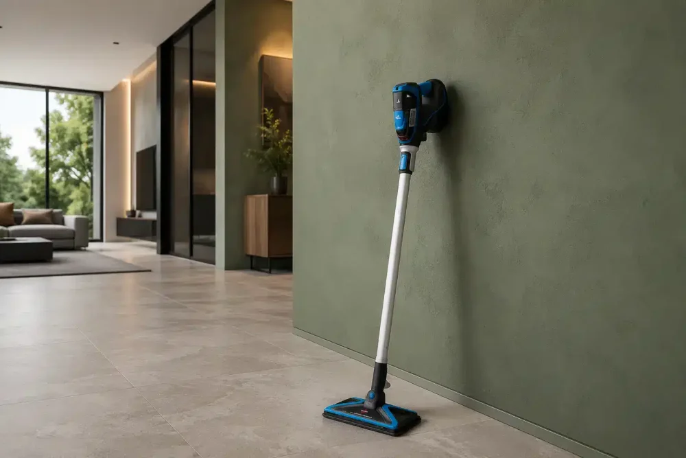 بخارشوی بیسل powerfresh slim 2781z به روی یک دیوار سبز تکیه داده است