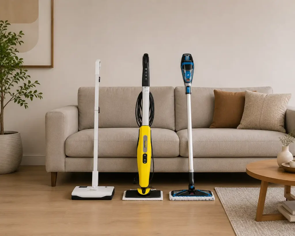 سه بخار شوی بیسل 2781z و کارچر sc3 upright و sc1 upright در کنار هم به یک مبل گرم تکیه دادن