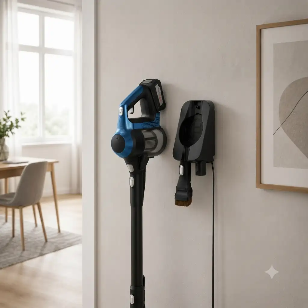 جارو شارژی بوش مدل Unlimited سری 6 مدل BCS611P4A بر کنار پایه دیواری خود در کنار یک تابلو مینیمال
