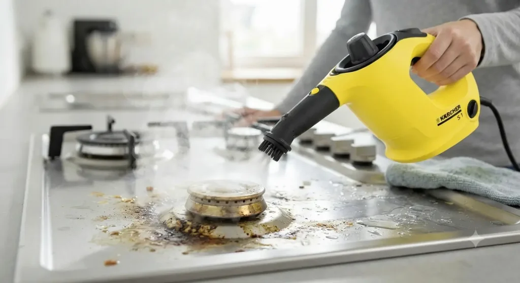 فرد در حال تمیز کردن اجاق گاز با بخارشو دستی