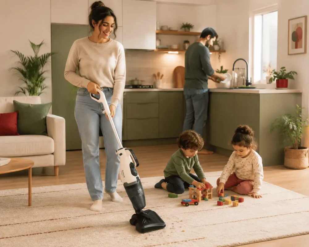 جاروبرقی عصایی و دستی تفال مدل UY5118 در دست یک زن درحال جارو زدن