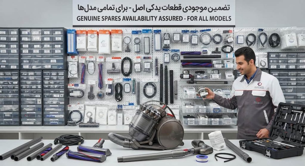 یک مرکز فروش قطعات یدکی جاروبرقی که روی دیوارها کلی فیلتر و محصولات دیگر هست.یک اقا هم انجا کار میکند