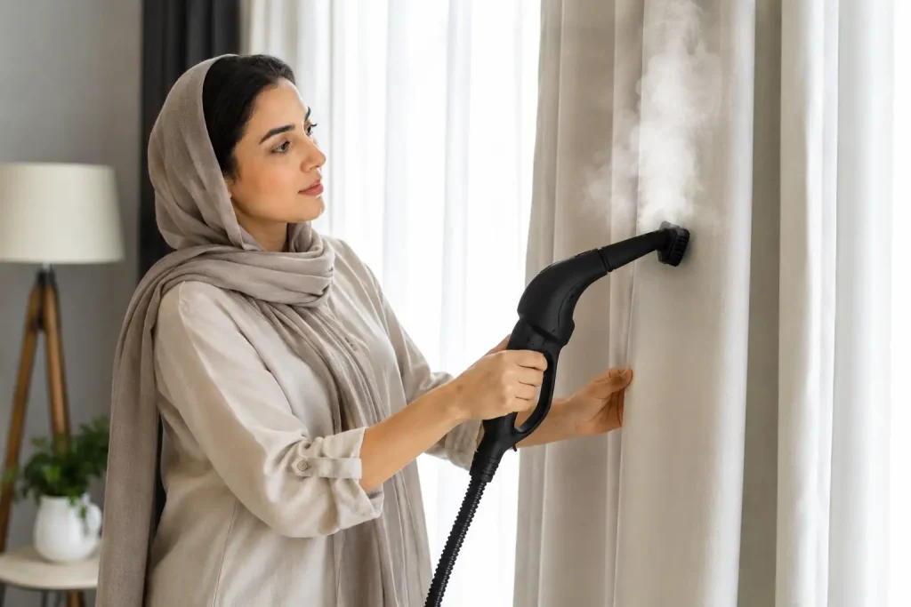 خانوم در حال تمیز پرده با بخارشوی