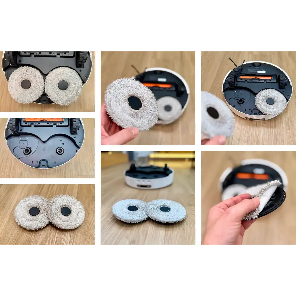 تصاویر مختلف از پد جارو رباتیک شیائومی مدل Robot Vacuum 5 Pro که هم توی تصاویر روی خودش دستگاه چسبیده و هم باز شده