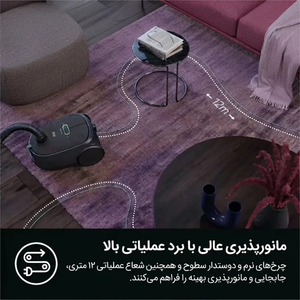 نشان دادن 12 متر شعاع عملکرد جاروبرقی کیسه ای آاگ مدل AB61C2OKO که به صورت گرافیکی دور وسایل خانه سیم را کشیده