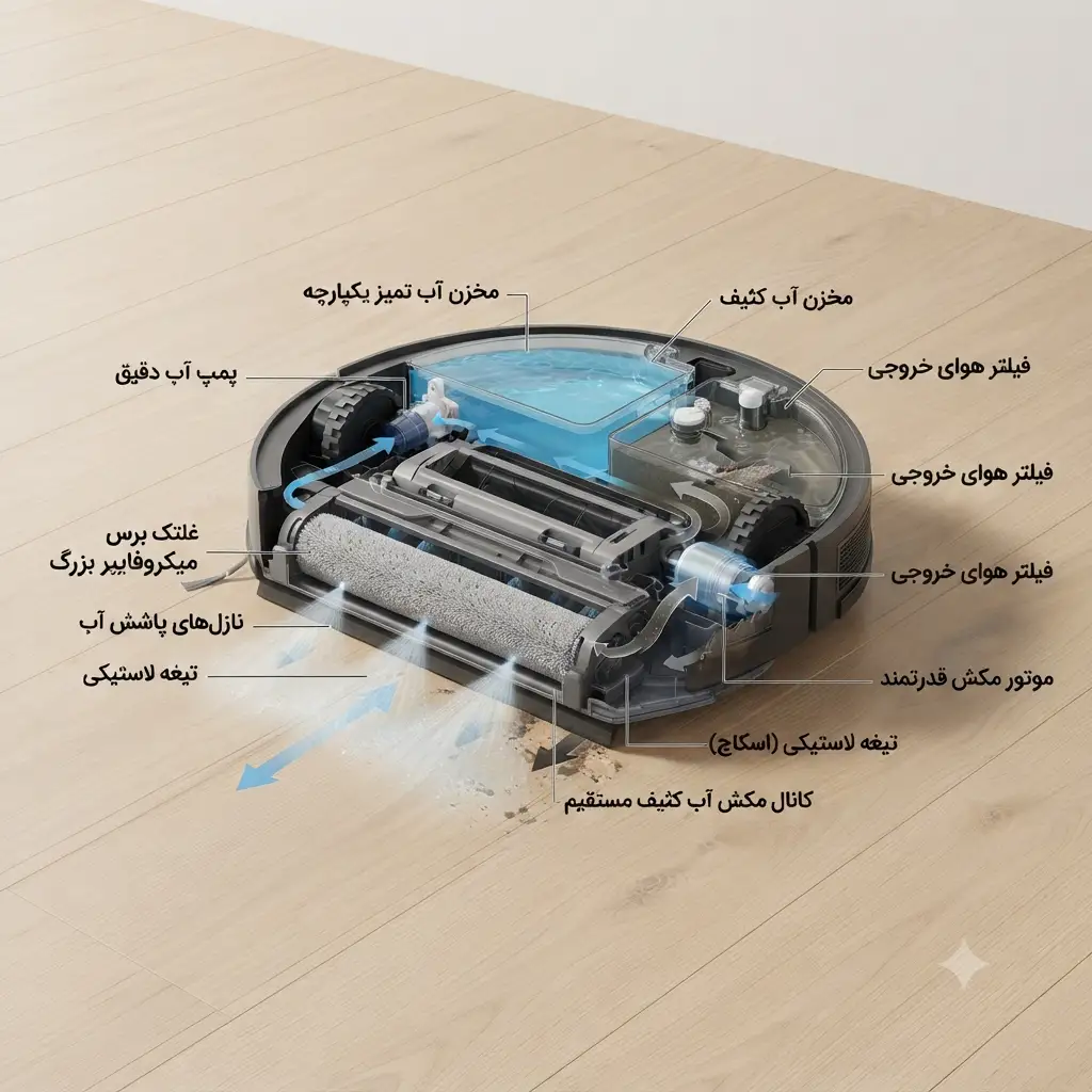 نمای مقطعی و مهندسی‌شده از سیستم داخلی جاروبرقی رباتیک شامل مخزن آب، موتور مکش و مکانیزم شستشوی کف