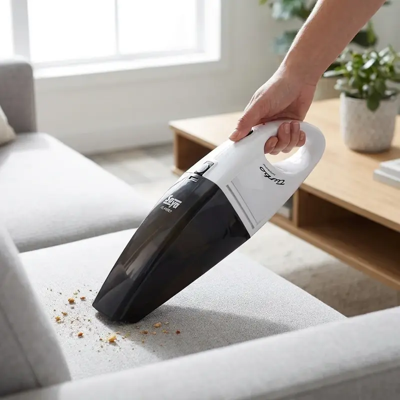 فرد با جارو شارژی دستی سایا مدل توربو Turbo در حال جارو زدن مبل است