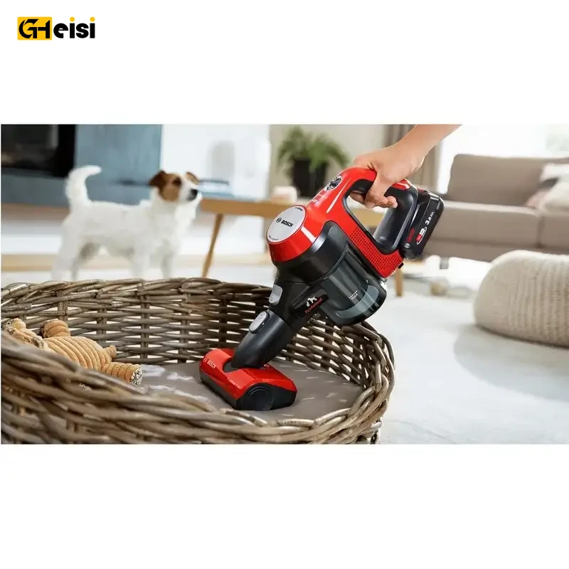جارو شارژی عصایی بوش مدل BCS71PETGB بصورت دستی در دست یک خانوم درحال جارو زدن