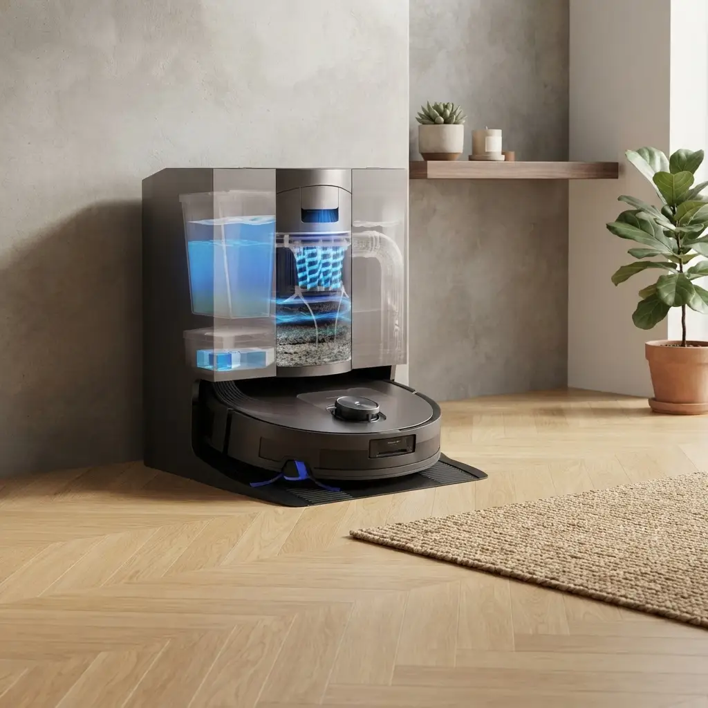نمای داخلی ایستگاه اکوووکس X11 OmniCyclone هنگام قرارگیری ربات؛ مخزن آب تمیز، مخزن آب کثیف و مسیر شست‌وشوی رولر