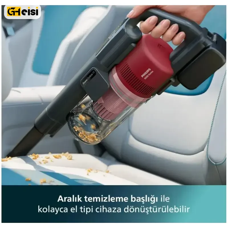 فرد با قسمت دستی جارو شارژی عصایی فیلیپس مدل XC6552/01 جارو میزند