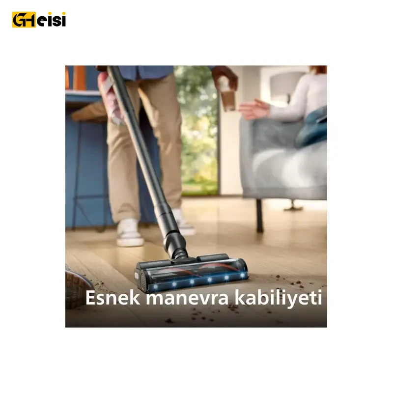فرد با جارو شارژی عصایی فیلیپس مدل XC6552/01 کف خانه را جارو میزند