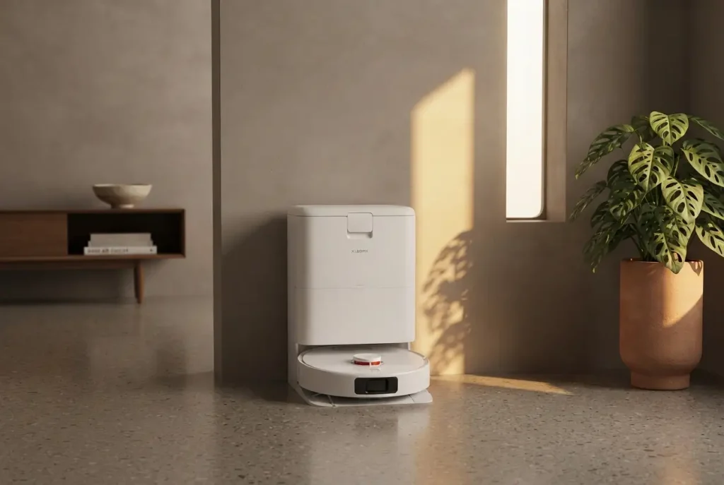 ربات و ایستگاه شارژ جارو رباتیک H50 Pro شیائومی سفید رنگ در کنار میز تی وی و یک گلدان