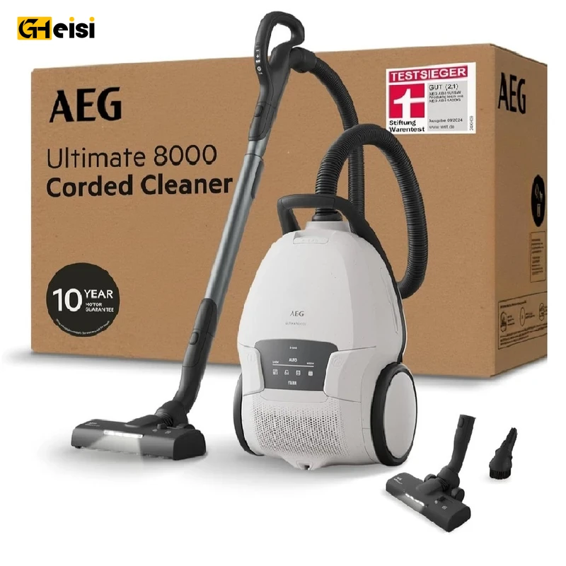 جاروبرقی آ ا گ مدل AB81U1SW سری 8000 در جلوی کارتون خاکی رنگش