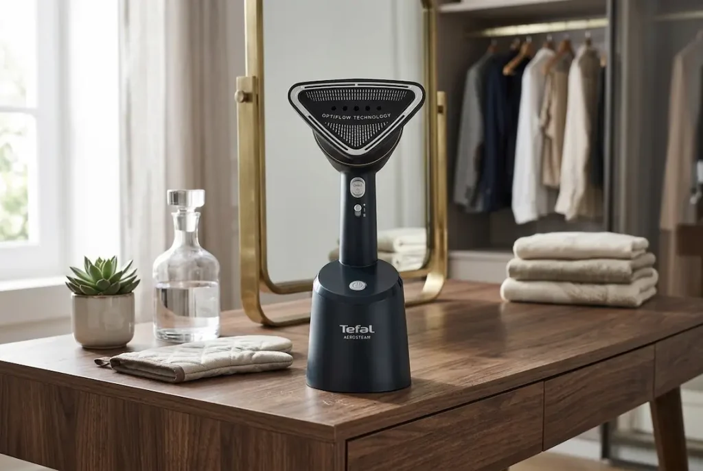نمای جلویی از بخارگر دستی سیاه و نقره‌ای Tefal Access Steam روی پایه شارژ روی یک میز چوبی در یک رختکن روشن، با آینه با قاب طلایی